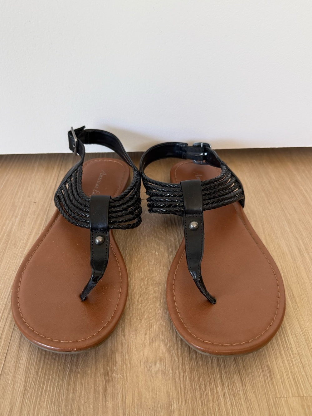 Black Braided T-Strap Sandals - Brown Footbed